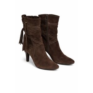 True Meaning Brown Suede Fringe Ankle Boots Womens 9M Western Boho Side Zip...